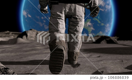 Lunar Astronaut In Space Suit Walking On the Moon. Planet Earth Is Visible. 3d rendring. Lunar Astronaut In Space Suit Walking On the Moon. Planet Earth Is Visible. 3d rendring. 106886839