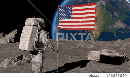 Lunar astronaut walks on the moon with American flag and salutes. Some Elements of this video furnished by NASA. 3d rendring. Lunar astronaut walks on the moon with American flag and salutes. Some Elements of this video furnished by NASA. 3d rendring. 106886840