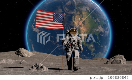 Lunar astronaut walks on the moon with American flag and salutes. Some Elements of this video furnished by NASA. 3d rendring. Lunar astronaut walks on the moon with American flag and salutes. Some Elements of this video furnished by NASA. 3d rendring. 106886843