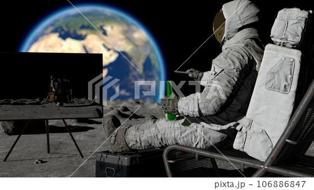 3D rendering. Lunar astronaut drinking beer sitting in easy beach chair on Moon surface, enjoying view of Earth. CG Animation. Elements of this image furnished by NASA. 106886847