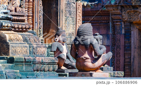 Mysterious Ancient ruins Banteay Srei temple - famous Cambodian landmark, Angkor Wat complex of temples. Siem Reap, Cambodia. 106886906