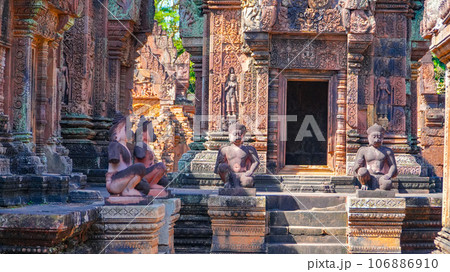 Mysterious Ancient ruins Banteay Srei temple - famous Cambodian landmark, Angkor Wat complex of temples. Siem Reap, Cambodia. Mysterious Ancient ruins Banteay Srei temple - famous Cambodian landmark, Angkor Wat complex of temples. Siem Reap, Cambodia. 106886910