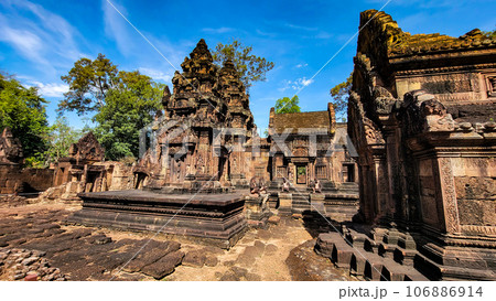 Mysterious Ancient ruins Banteay Srei temple - famous Cambodian landmark, Angkor Wat complex of temples. Siem Reap, Cambodia. 106886914