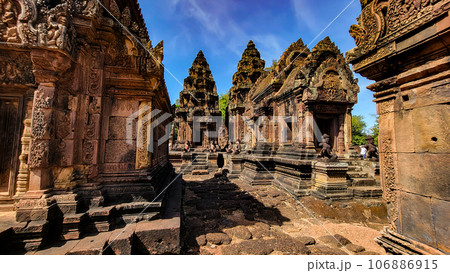 Mysterious Ancient ruins Banteay Srei temple - famous Cambodian landmark, Angkor Wat complex of temples. Siem Reap, Cambodia. 106886915