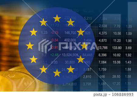 EU, The flag of Europe or European flag with stock market finance, economy trend graph digital technology. 106886993