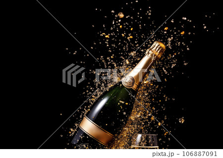 bottle of champagne with confetti on black background. Celebration and new year concept 106887091