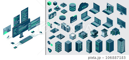 Set of isometric computer technology. Isometric set server equipment. Technology isometric icons. Digital technology items. Vector illustration 106887183