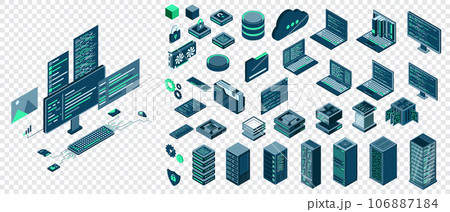Set of isometric computer technology. Isometric set server equipment. Technology isometric icons. Digital technology items. Vector illustration Set of isometric computer technology. Isometric set server equipment. Technology isometric icons. Digital technology items. Vector illustration 106887184