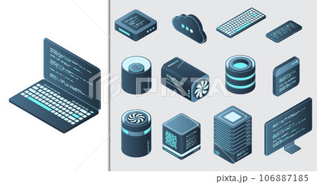 Set of isometric computer technology. Isometric set server equipment. Technology isometric icons. Digital technology items. Vector illustration 106887185