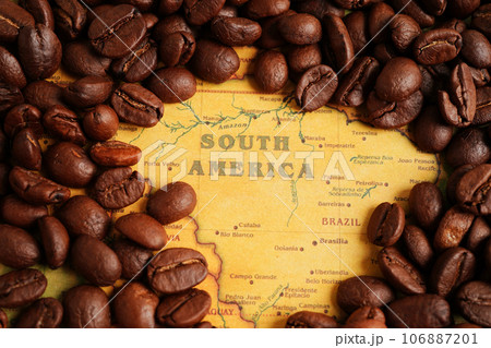Bangkok, Thailand March 12, 2023 Coffee bean on world map, shopping online for export or import. 106887201