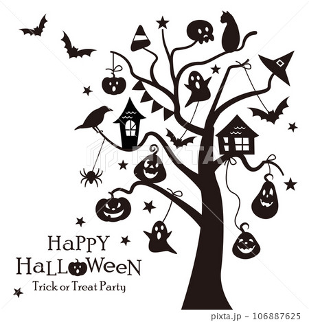 かわいいハロウィンオーナメントとツリーのシルエットデザイン かわいいハロウィンオーナメントとツリーのシルエットデザイン 106887625
