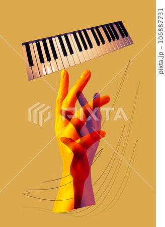 Hands play the piano. Composition with black and white piano keys, synthesizer isolated on light background. Conceptual, contemporary art collage. 106887731