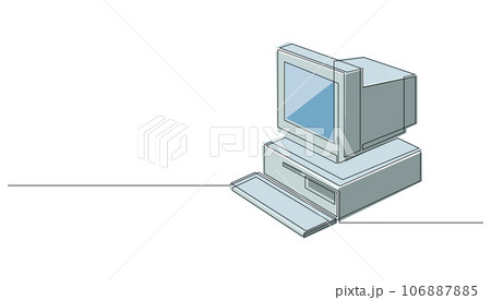 Retro personal computer continuous one line drawing with colours. Vintage cpu with analog monitor and keyboard drawn by single line. Vector illustration. 106887885