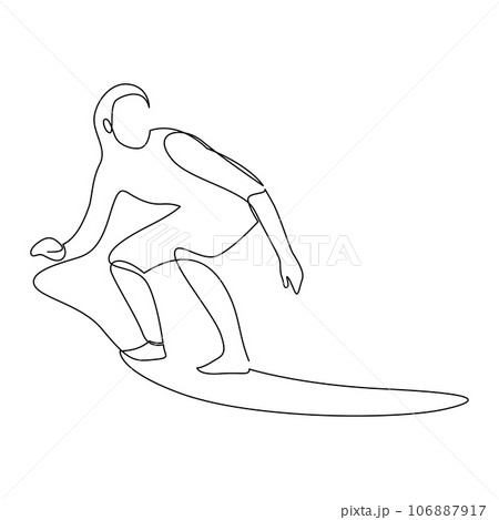 Continuous one line drawing of young female professional surfer. Extreme watersport concept drawn by single line. Vector illustration. 106887917