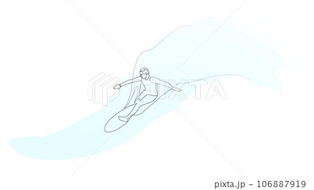 Continuous one line drawing of man surfing a big wave. Single line drawing surfer design. Vector illustration. 106887919
