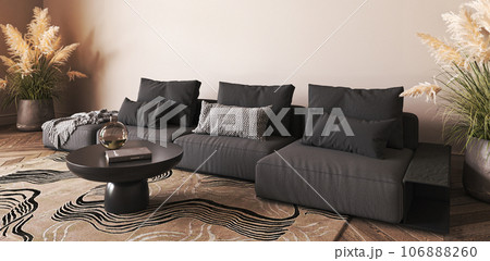 Japanese beige interior with grey sofa and dry plant. Light nature scandi livingroom. Horizontal banner panoramic background. 3d rendering mock up. High quality 3d illustration Japanese beige interior with grey sofa and dry plant. Light nature scandi livingroom. Horizontal banner panoramic background. 3d rendering mock up. High quality 3d illustration 106888260