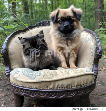Cat and dog sitting on an armchair in the forest. homeless pets Cat and dog sitting on an armchair in the forest. homeless pets 106888697
