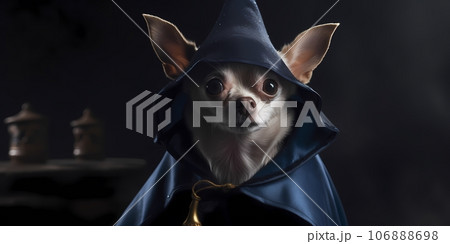 Cute chihuahua dog in a blue cloak on a dark background Cute chihuahua dog in a blue cloak on a dark background 106888698