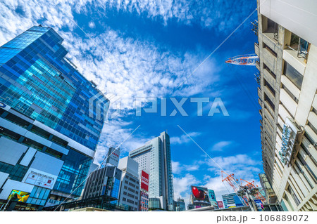 日本の東京都市景観 9月。渋谷駅や渋谷駅解体工事、大型クレーンなどを望む。奥にハチ公が見える 日本の東京都市景観 9月。渋谷駅や渋谷駅解体工事、大型クレーンなどを望む。奥にハチ公が見える 106889072