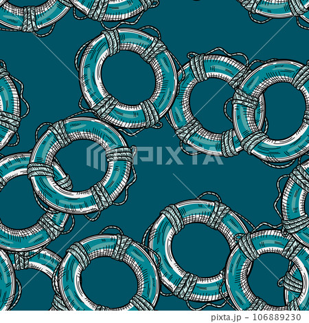 Vintage lifebuoy with rope sketch seamless pattern. Hand drawn life ring in engraving style wallpaper. Vintage lifebuoy with rope sketch seamless pattern. Hand drawn life ring in engraving style wallpaper. 106889230