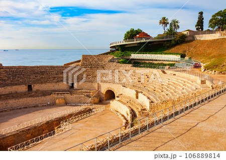 Tarragona Amphitheatre aerial panoramic view, Spain 106889814
