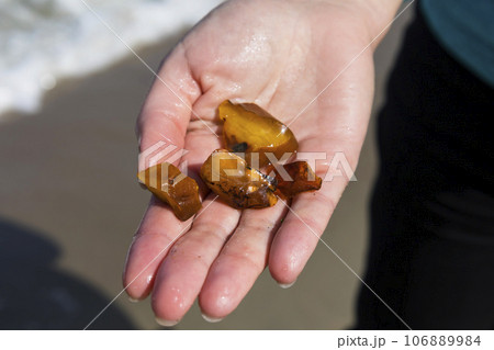 Beautiful pieces of amber in the hand of the sea background. A glowing wavy piece of amber in the palm of your hand. The sunstone. Beautiful pieces of amber in the hand of the sea background. A glowing wavy piece of amber in the palm of your hand. The sunstone. 106889984