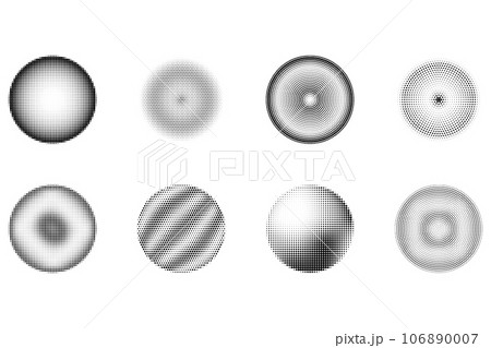 Set of halftone design element, circular halftone dot pattern. Specks, vector circle gradient. Modern circle design in polygraphic style. Printing pattern. Set of halftone design element, circular halftone dot pattern. Specks, vector circle gradient. Modern circle design in polygraphic style. Printing pattern. 106890007