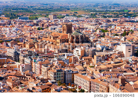 Granada Cathedral city aerial panoramic view in Spain 106890048