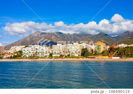 Marbella city beach panoramic view in Spain 106890119
