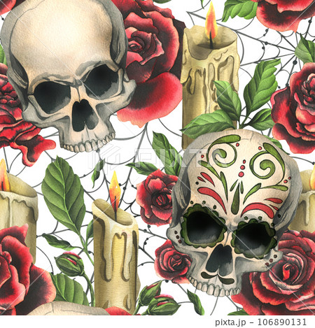 Human skulls with an ornament, red roses, candles and cobwebs. Hand drawn watercolor illustration for Halloween, day of the dead, Dia de los muertos. Seamless pattern on white background. 106890131