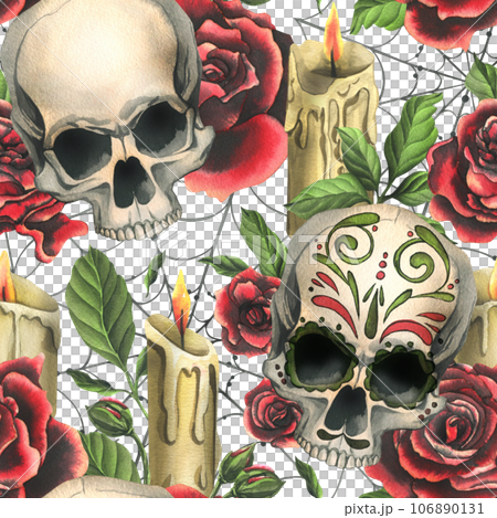 Human skulls with an ornament, red roses, candles and cobwebs. Hand drawn watercolor illustration for Halloween, day of the dead, Dia de los muertos. Seamless pattern on white background. 106890131