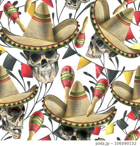 Human skulls in a sombrero hat, maracas, garland flags, branches. Hand drawn watercolor illustration for day of the dead, halloween, Dia de los muertos. Seamless pattern on white background. 106890132