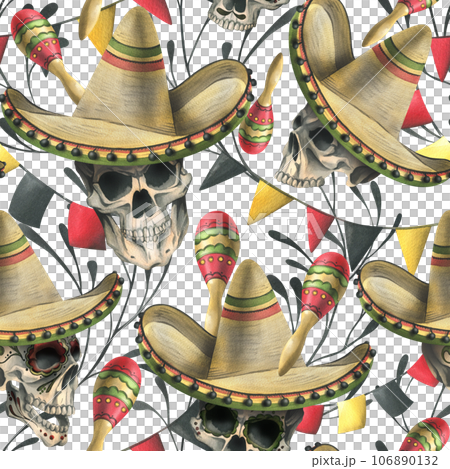 Human skulls in a sombrero hat, maracas, garland flags, branches. Hand drawn watercolor illustration for day of the dead, halloween, Dia de los muertos. Seamless pattern on white background. 106890132