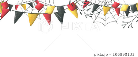 Garlands with red, black and yellow flags are square and triangular with cobwebs. Hand drawn watercolor illustration for day of the dead, halloween, Dia de los muertos. Template on white background 106890133