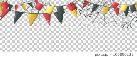 Garlands with red, black and yellow flags are square and triangular with cobwebs. Hand drawn watercolor illustration for day of the dead, halloween, Dia de los muertos. Template on white background 106890133