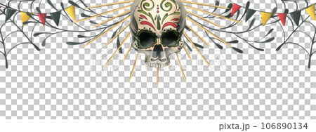 Human skull in a golden crown with garland flags, cobwebs. Hand drawn watercolor illustration for Halloween, day of the dead, Dia de los muertos. Template, frame, board on white background. 106890134