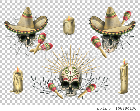 Ornamented human skulls, in a sombrero hat with maracas and cobwebs. Hand drawn watercolor illustration for day of the dead, halloween, Dia de los muertos. Set of compositions on a white background. Ornamented human skulls, in a sombrero hat with maracas and cobwebs. Hand drawn watercolor illustration for day of the dead, halloween, Dia de los muertos. Set of compositions on a white background. 106890136