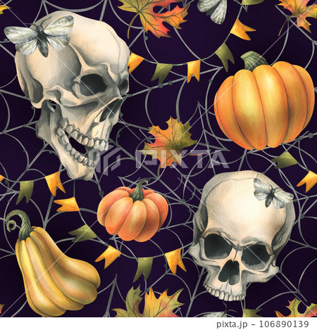 Human skull with orange pumpkins, cobwebs, garlands of flags and autumn leaves. Hand drawn watercolor illustration for Halloween and Day of the Dead. Seamless pattern on a dark purple background 106890139