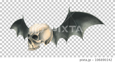 Side view human skull with black bat wings for death day holiday and halloween. Watercolor illustration, hand drawn. Isolated composition on a white background Side view human skull with black bat wings for death day holiday and halloween. Watercolor illustration, hand drawn. Isolated composition on a white background 106890142