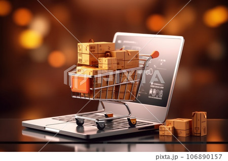 Shopping cart shipping cardboard box laptop as background, e-commerce attributes. Generative AI 106890157