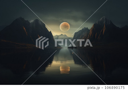 Beautiful album cover design of calm mountain and lake concept. Generative AI 106890175