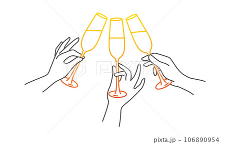 Three hands holding champagne glasses. 106890954