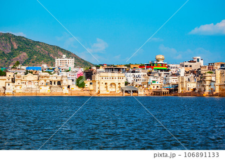 Ghats at Pushkar lake in India Ghats at Pushkar lake in India 106891133