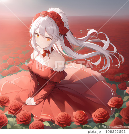 赤いドレスを着た女の子が、赤い薔薇に囲まれて座ってこちらを見ている