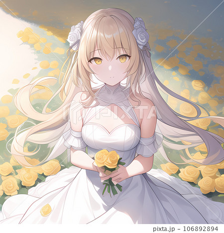 白いドレスを着た女の子が、黄色い薔薇に囲まれてこちらを見ている