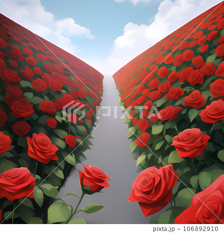 青空の中、赤い薔薇がたくさん咲いている所を描いたイラスト 106892910