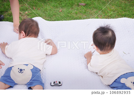 公園で遊ぶ双子の子ども　赤ちゃん　ハイハイ 106892935
