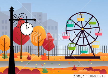 City park with a Ferris wheel, clock and trees. Autumn city.  106893212