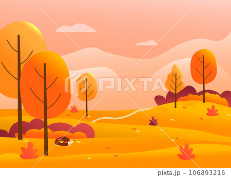 Autumn landscape. Forest and country road. Bright colorful trees, fields and meadows, hedgehog with leaves. 106893216