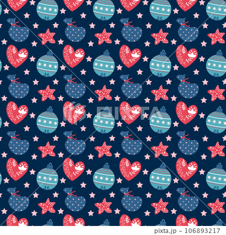 Festive pattern with stars, a bag of gifts, Christmas balls and hearts.  106893217